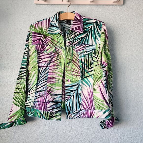 Margaret Frances 100% linen long sleeve front buttons palm leaves print jacket - Picture 2 of 12